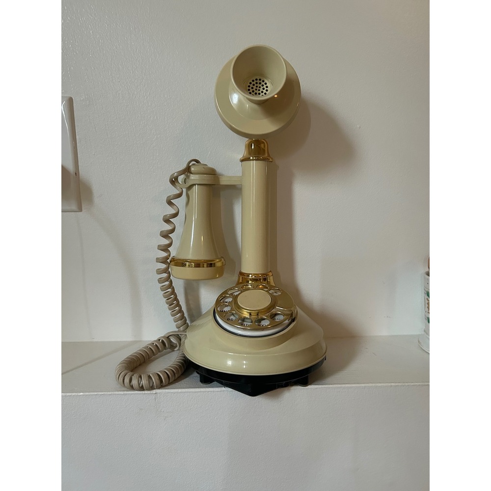 Vintage Style Candlestick Telephone Cream Gold Rotary Dial Push Button Phone